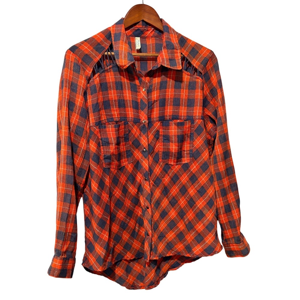 Free People Orange Navy Plaid Cage Shoulder Button Down Shirt Medium
